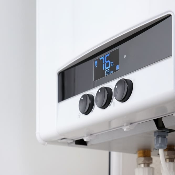 Chaudière à gaz murale : réglage température et pression Chaudière à gaz murale blanche avec écran digital affichant 76°C et 0,9 bar, réglée par trois boutons rotatifs noirs.
