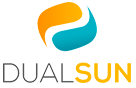 Logo DualSun : symbole abstrait orange et bleu au-dessus du nom Dual en gris et Sun en jaune.